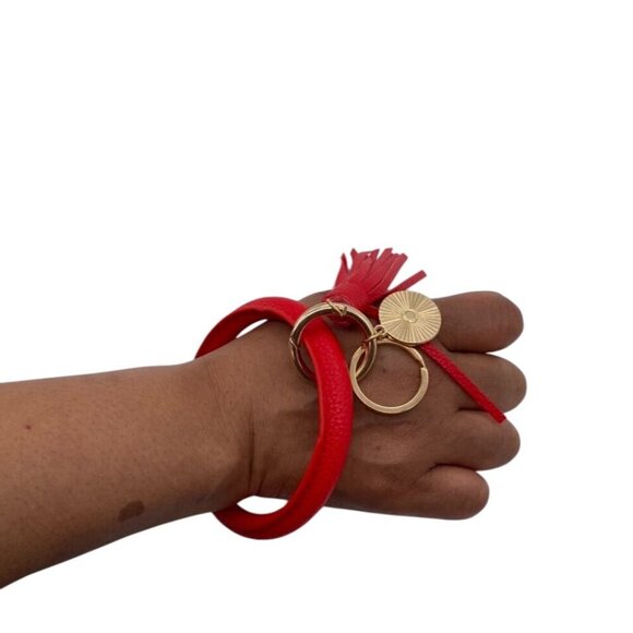 Leather Tassel Bangle Keychain Red With Gold Tone Charms & Rings Wrislet - Picture 1 of 4